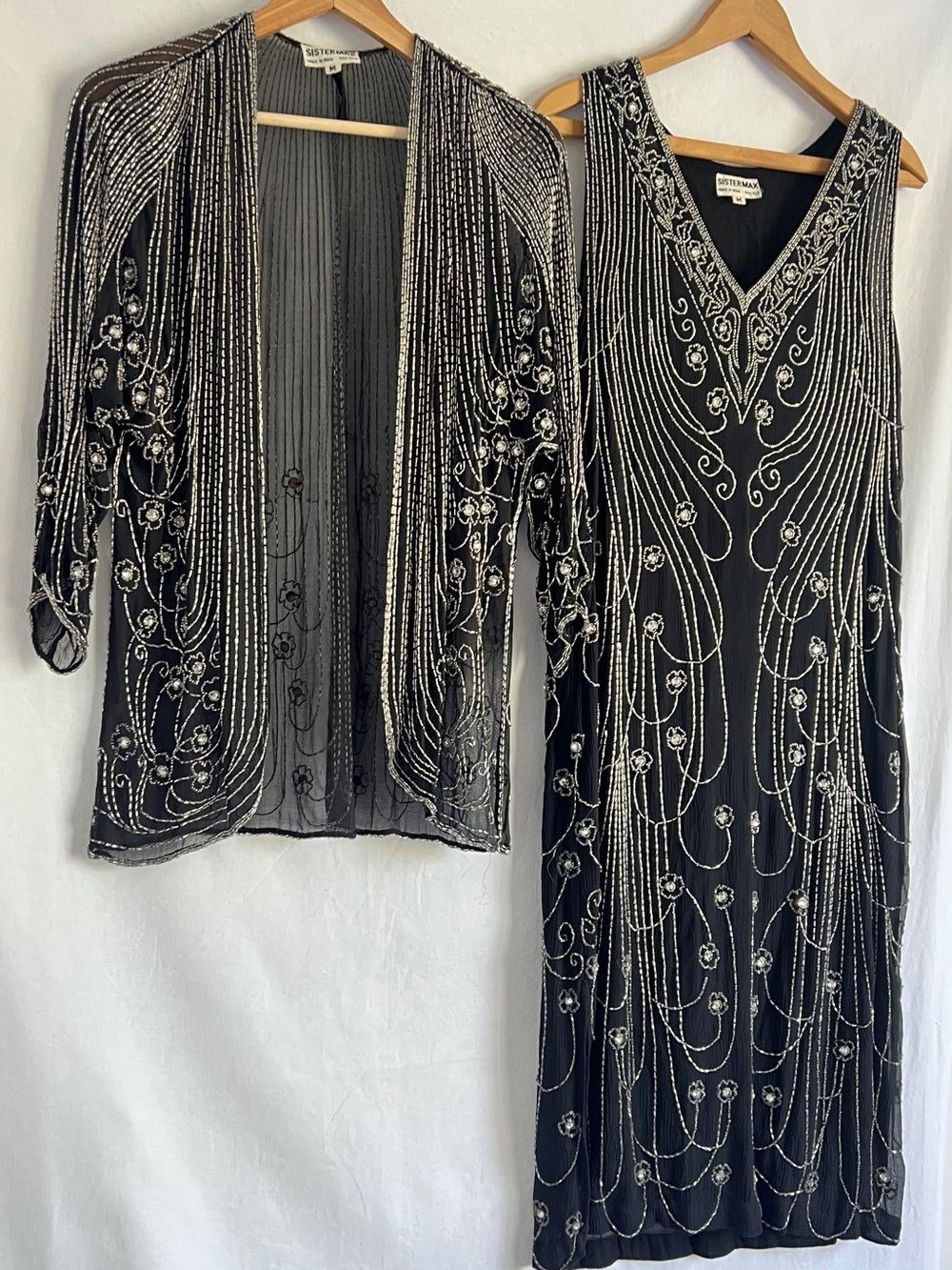 2pc beaded silk dress set- sheath dress and sheer jacket/top Gatsby Art Deco M